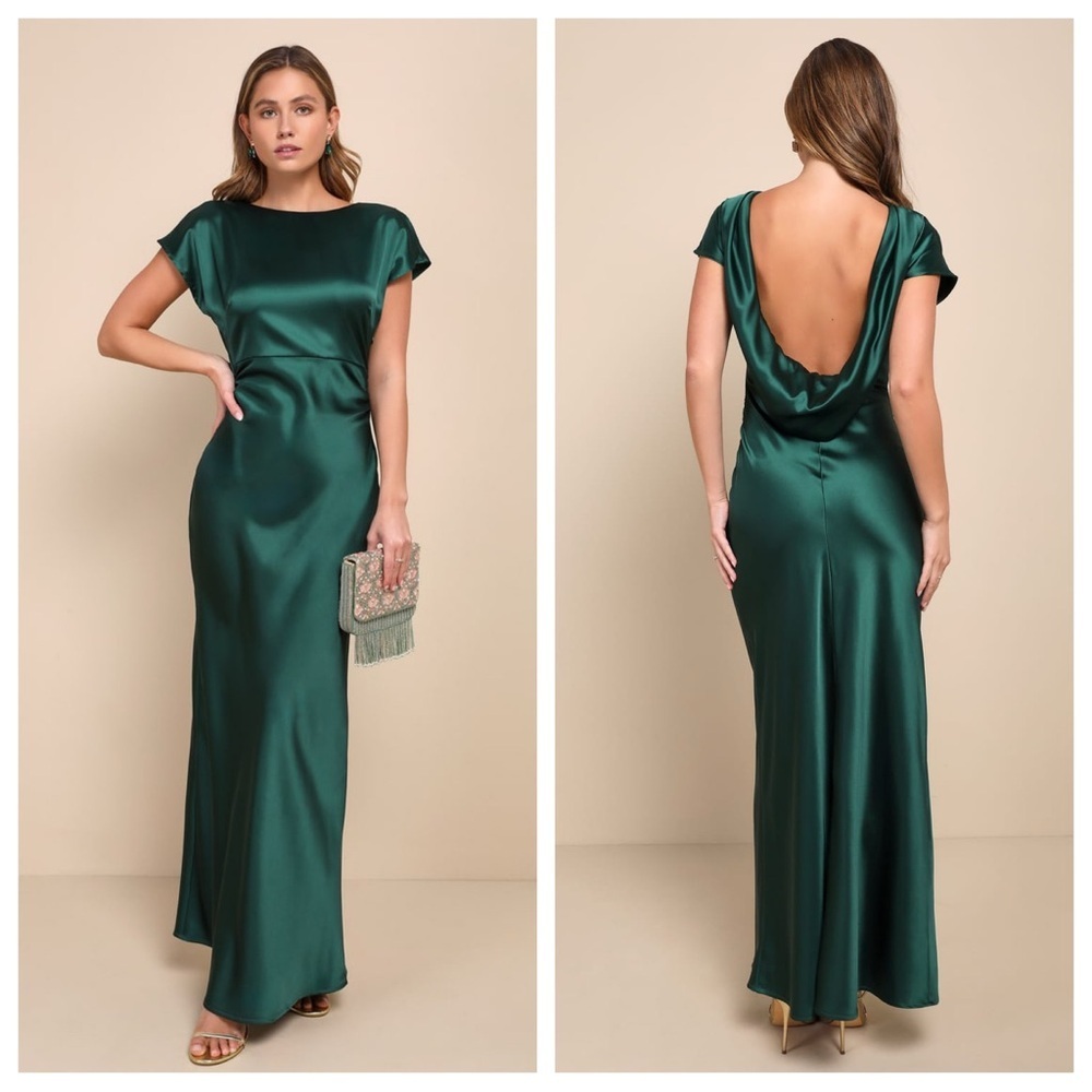 Lulus Captivating Presence Forest Green Satin Cowl Back
Maxi Dress
